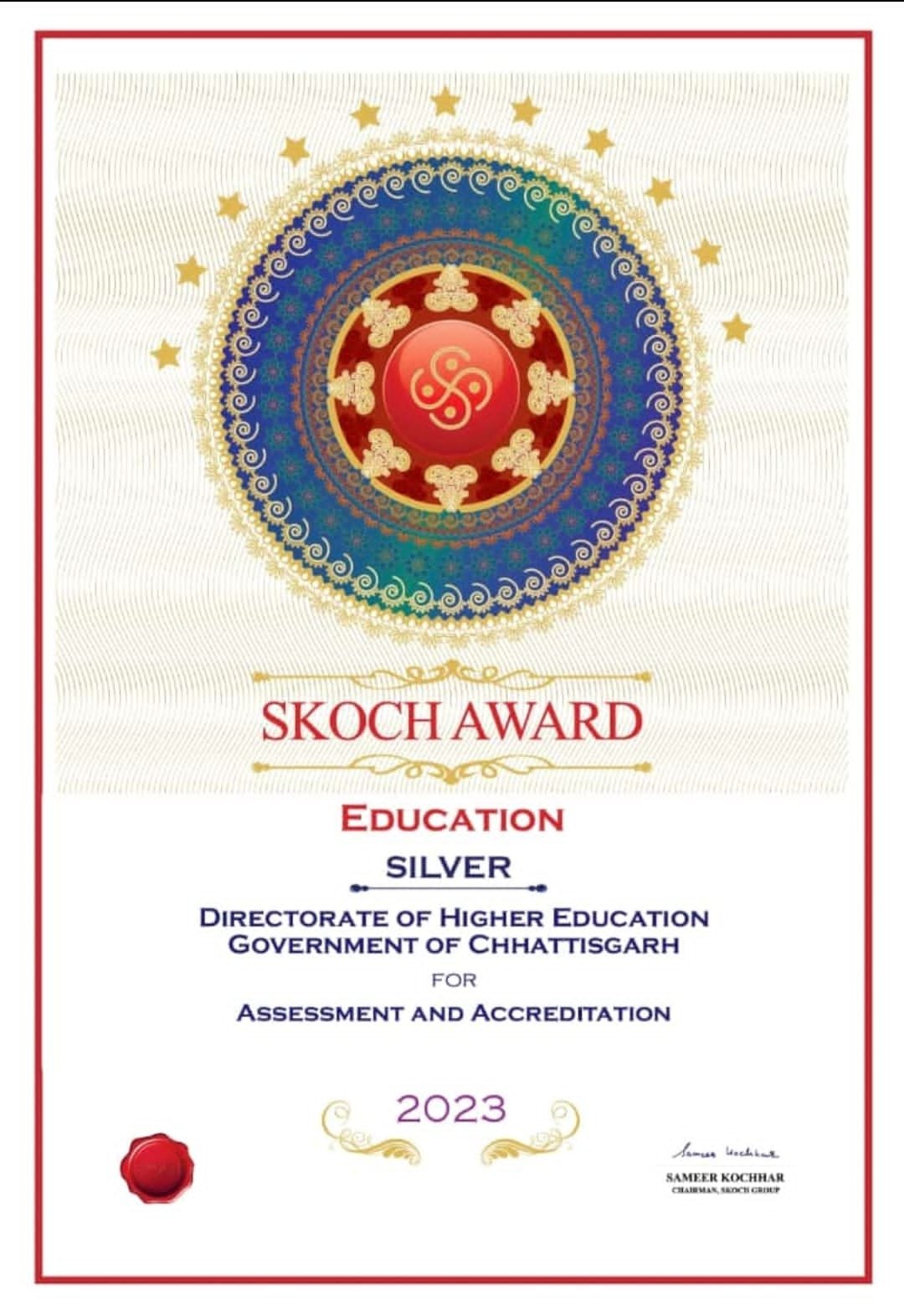 Chhattisgarh Higher Edu Dept bags SKOCH Silver Award for "Project Assessment and Accreditation" 1 WhatsApp Image 2023 05 09 at 15.18.23