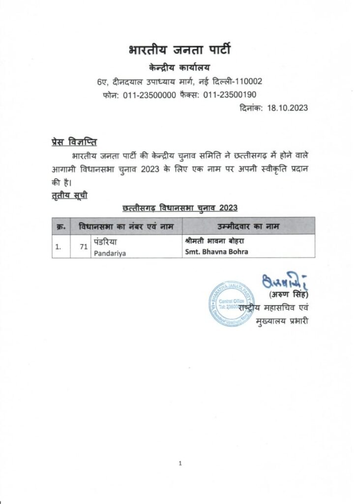 छत्तीसगढ़: BJP की तीसरी लिस्ट जारी, पंडरिया विधानसभा से भावना वोहरा को मिली जिम्मेदारी 2 IMG 20231018 WA0009