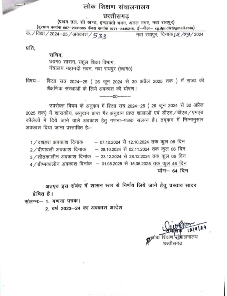 छत्तीसगढ़ में स्कूल-कॉलेजों की छुट्टियां तय: शिक्षा विभाग ने जारी किया अवकाश कैलेंडर, जानिए कब मिलेंगी गर्मी और सर्दी की छुट्टियां 2 1002759096