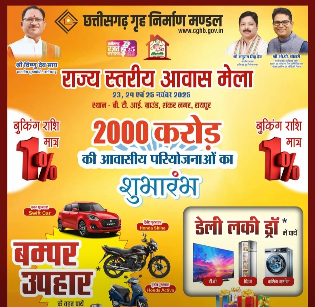 छत्तीसगढ़ स्थापना के रजत जयंती वर्ष में राज्य स्तरीय आवास मेला आज से 2,000 करोड़ की नई योजनाओं और नवीन आबंटी पोर्टल का शुभारंभ 1 IMG 20251123 081727