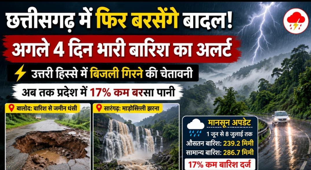 CG Weather Alert: मानसून ने फिर पकड़ी रफ्तार, 4 दिन तक बारिश का अनुमान; कई जिलों में बिजली गिरने का खतरा 1 IMG 20260709 WA0015